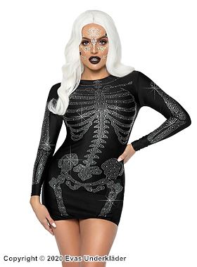 Halloween theme, costume dress, rhinestones, long sleeves, skeleton
